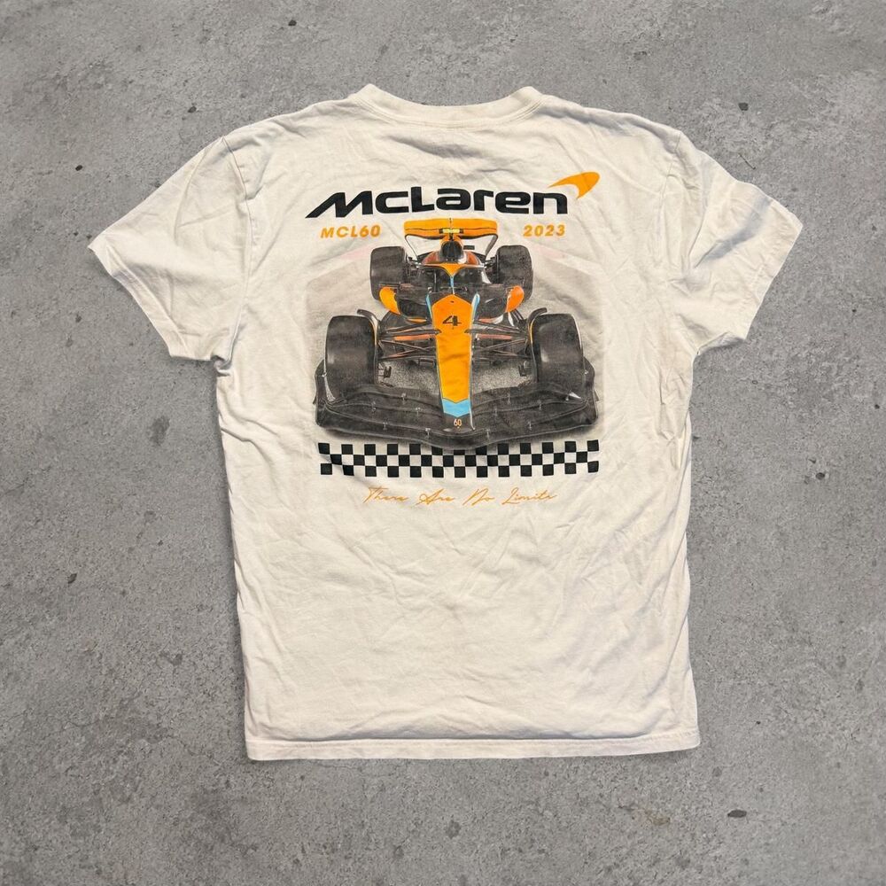 McLaren F1 2023 white t-shirt with orange/black race car graphic and checkered f - Picture 1 of 6